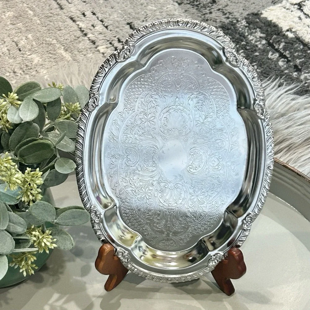 Vintage Chrome Serving Tray Ornate Floral Oval Platter 6.5
